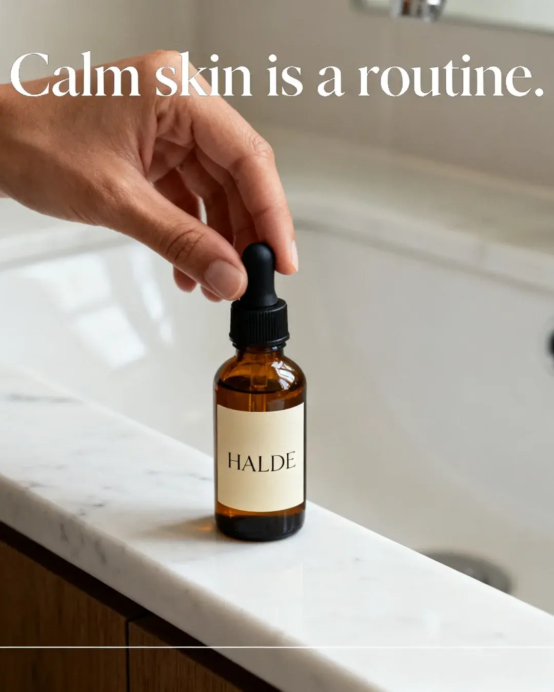 Halde concept: a hand setting the amber bottle on a marble sink, headline “Calm skin is a routine.”